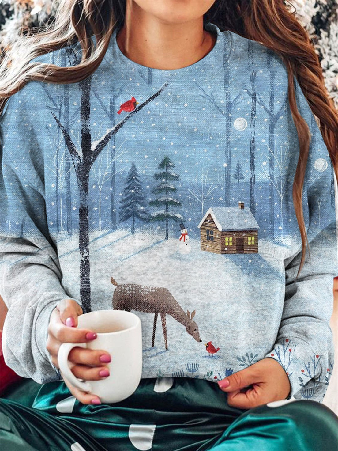 Women's Winter Snow Scenery Round Neck Long Sleeve Top
