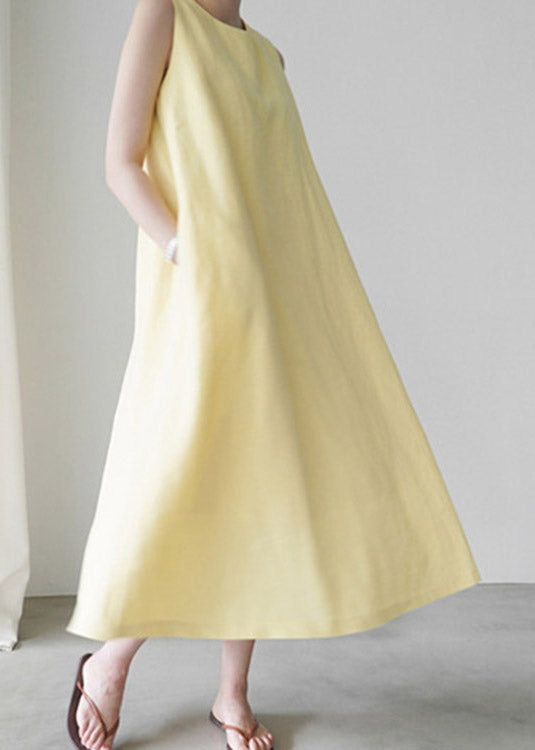 Cute Yellow O-Neck Solid Long Slip Dresses Summer