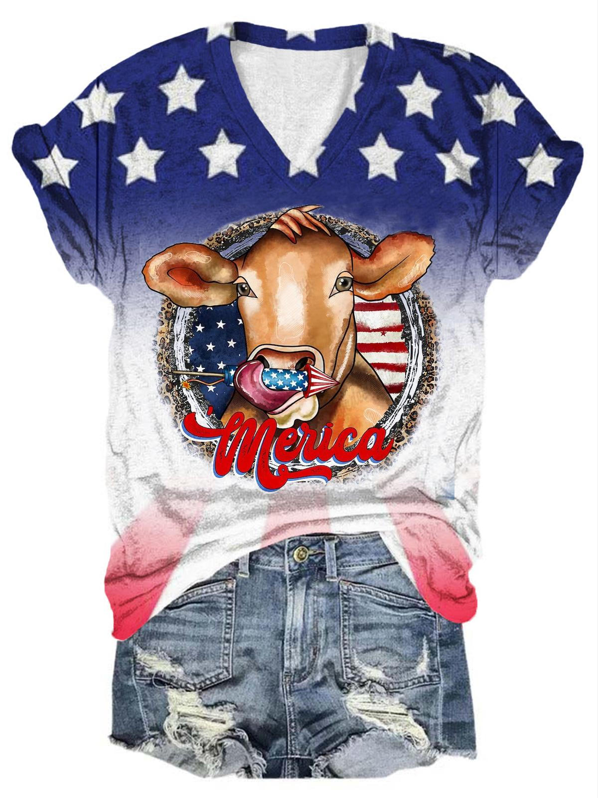American Flag Cow V Neck T-Shirt