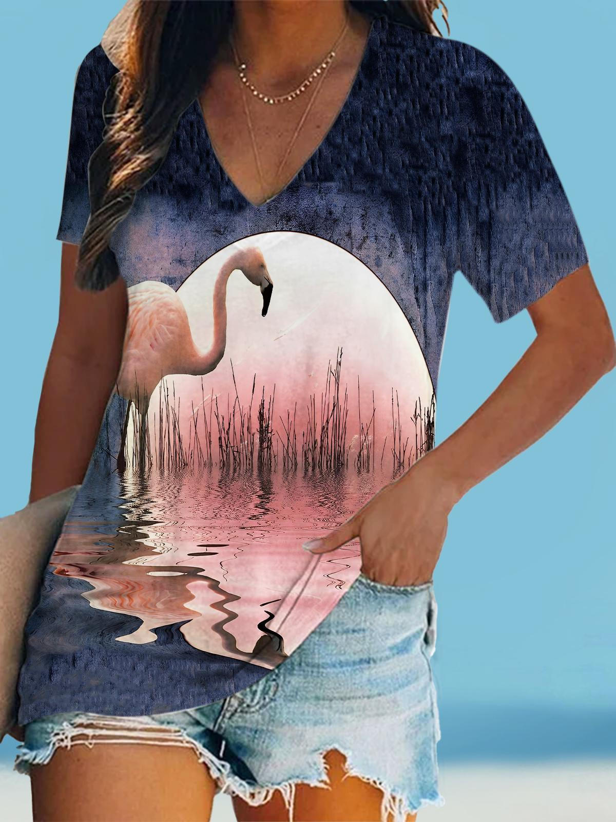 Flamingo Print V Neck Short Sleeve Top