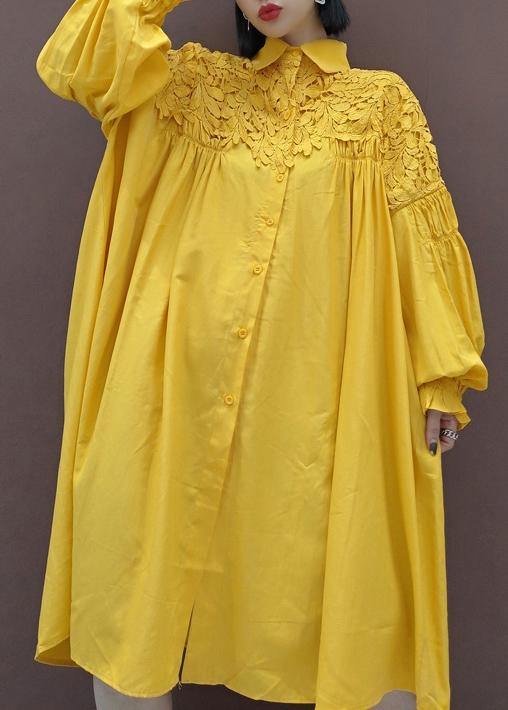 100% Stand Collar Patchwork Lace Quilting Clothes Catwalk Yellow Robes Dresses