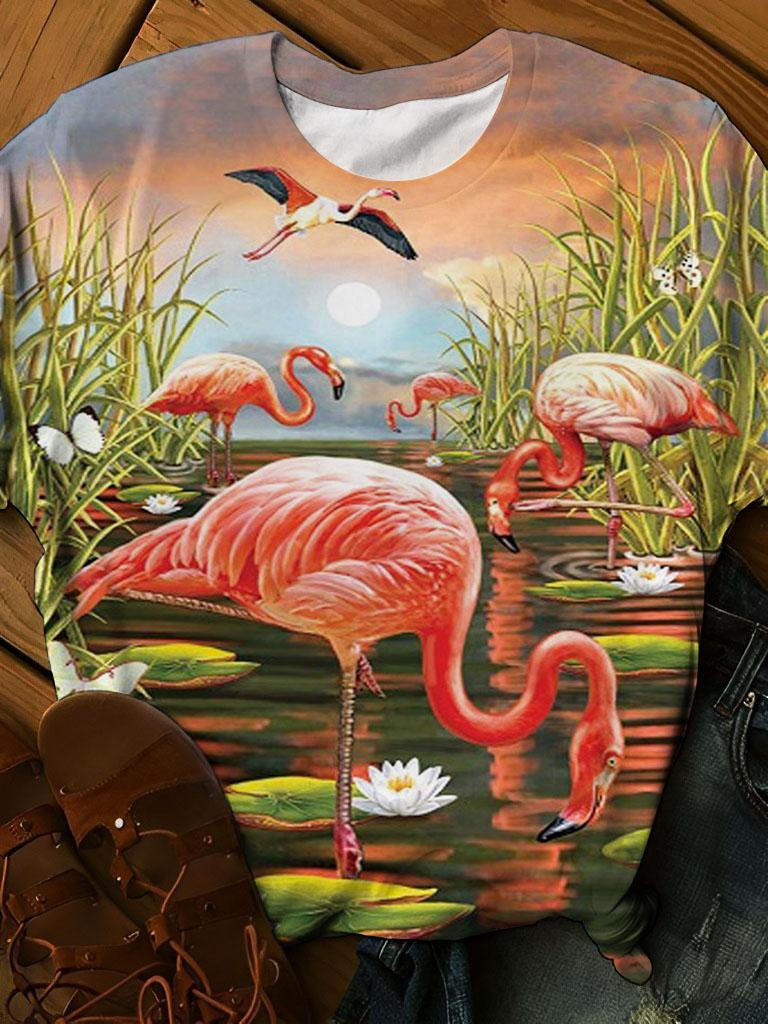 Flamingo Sunset Print Round Neck Short Sleeve T-Shirt
