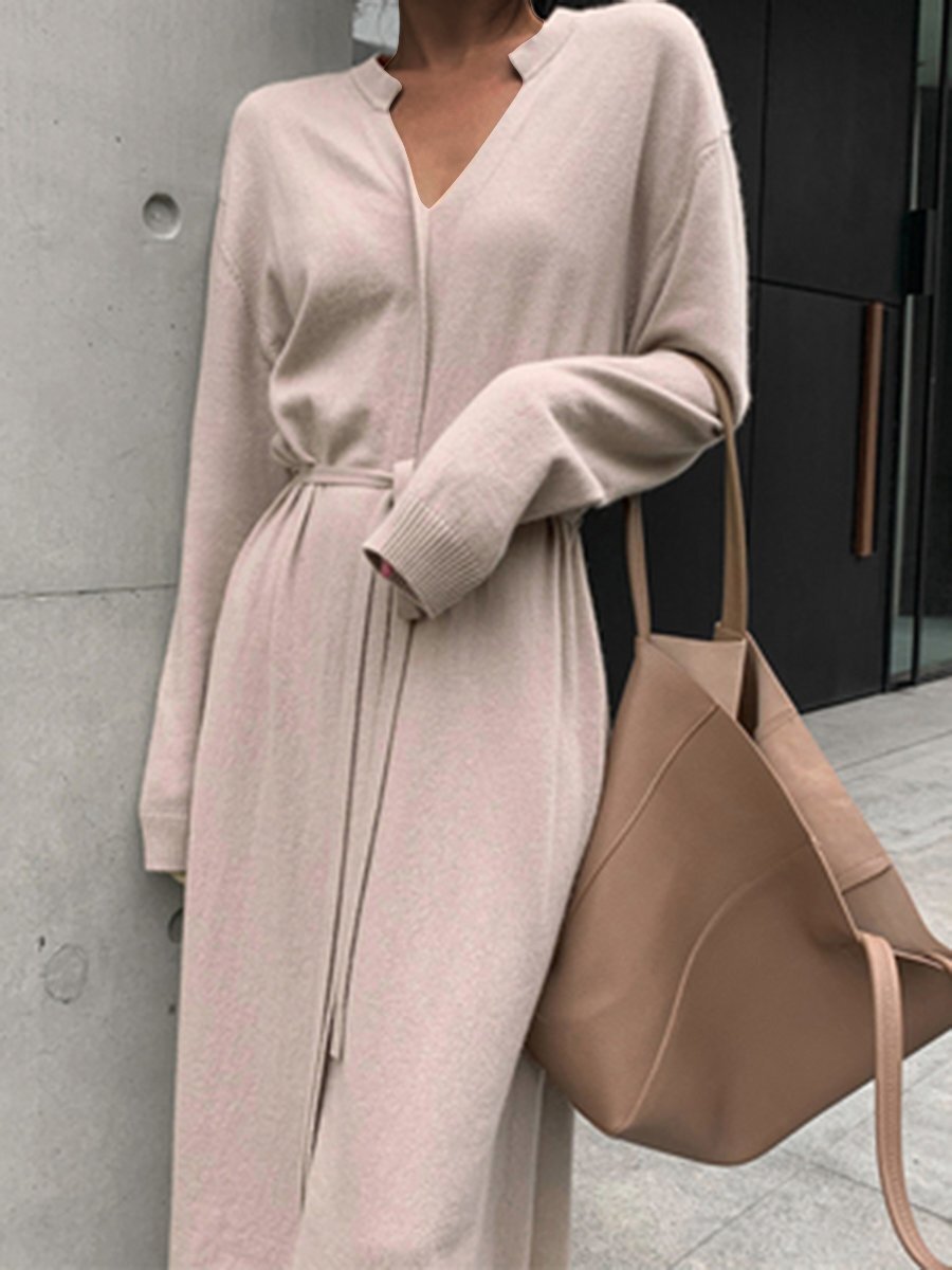 Fashion Solid Color Lace Long Sleeve Knitted Dress