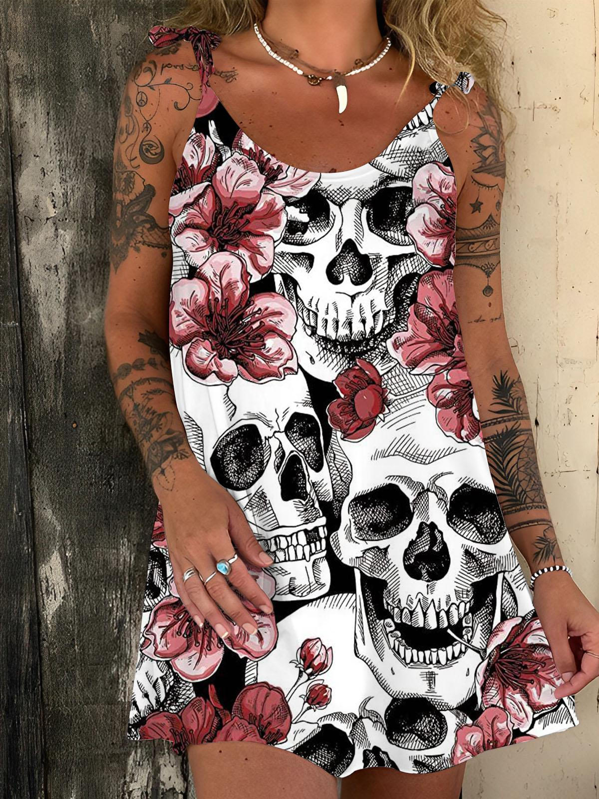Floral Skull Print Spaghetti Strap Mini Dress